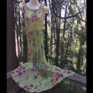 Barbara Lessargreen pleated sheer  green vintage floral pastel max dress